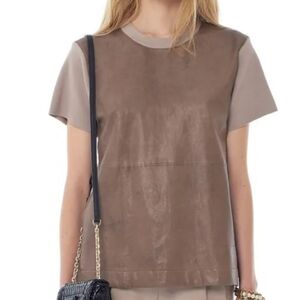 Kate Spade Sheep Skin Leather Panel Scuba Sweater Short Sleeve Top Mushroom M